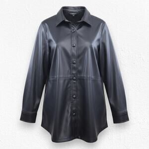 Liverpool Black Faux Leather Shacket Button Front Jacket Size Small Soft Lining